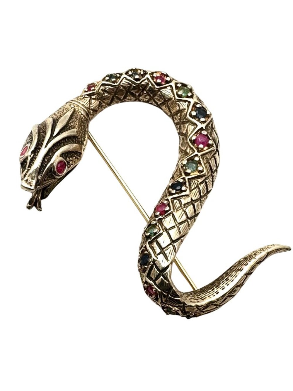 Vintage Snake Brooch Ruby Sapphire Emerald Gold Over Sterling Silver Estate